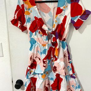 Abstract Print Plunging Neck Layered Hem Dress